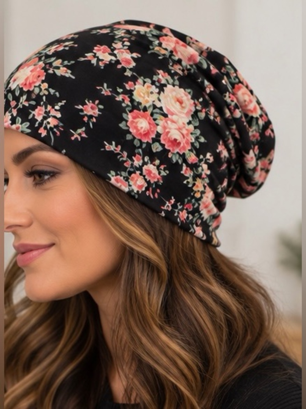 Floral Slouch Beanie - Black with Pink Floral Print